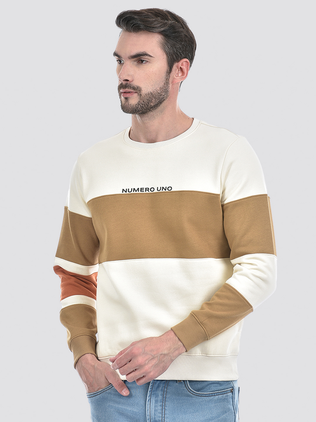 Numero Uno Men Cream Color Block Round Neck Brushed Fleece Sweatshirt